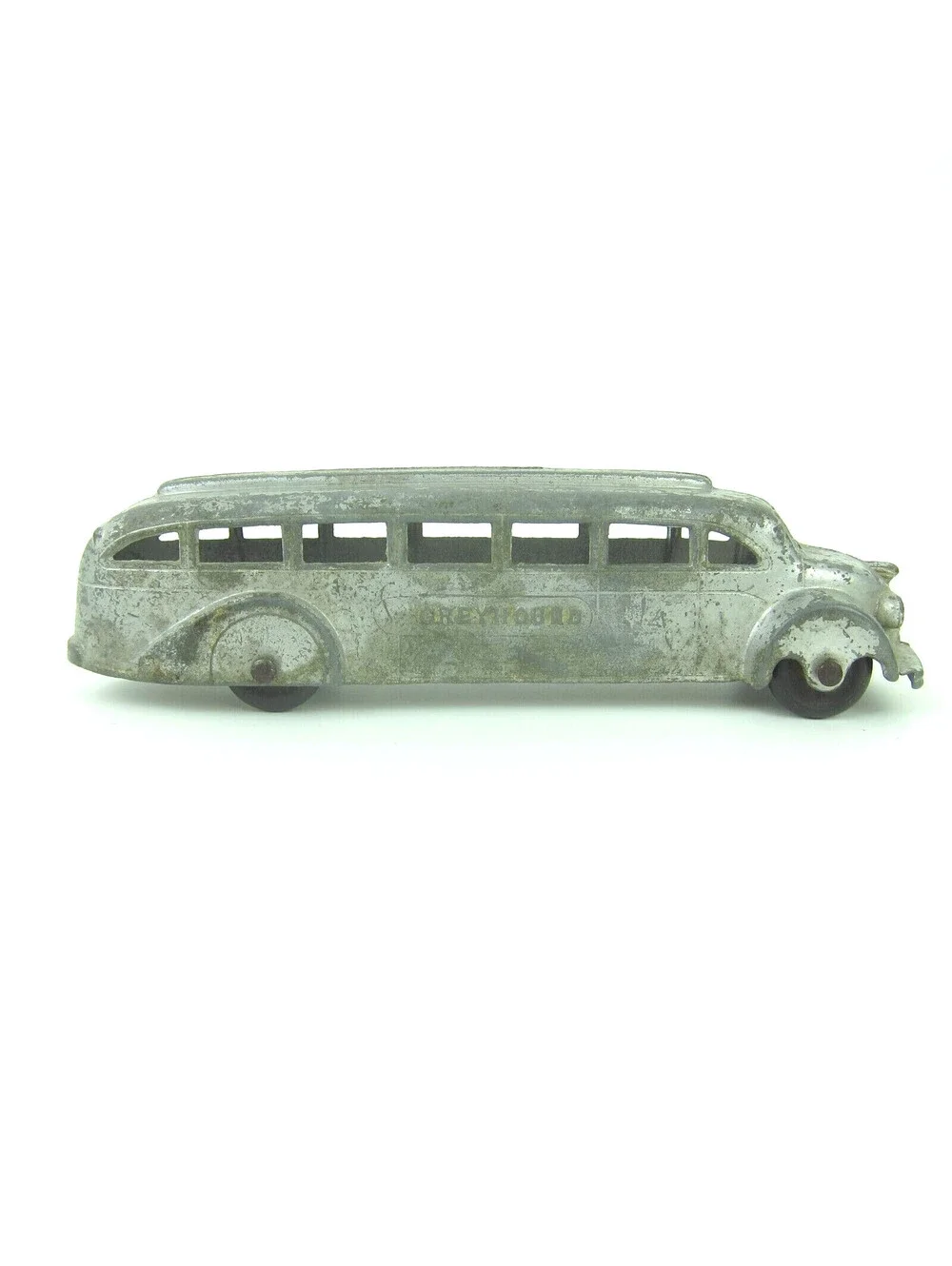 Vintage 1930s Tootsie Toy Die Cast Greyhound Bus Rubber Tires Silver Art Deco